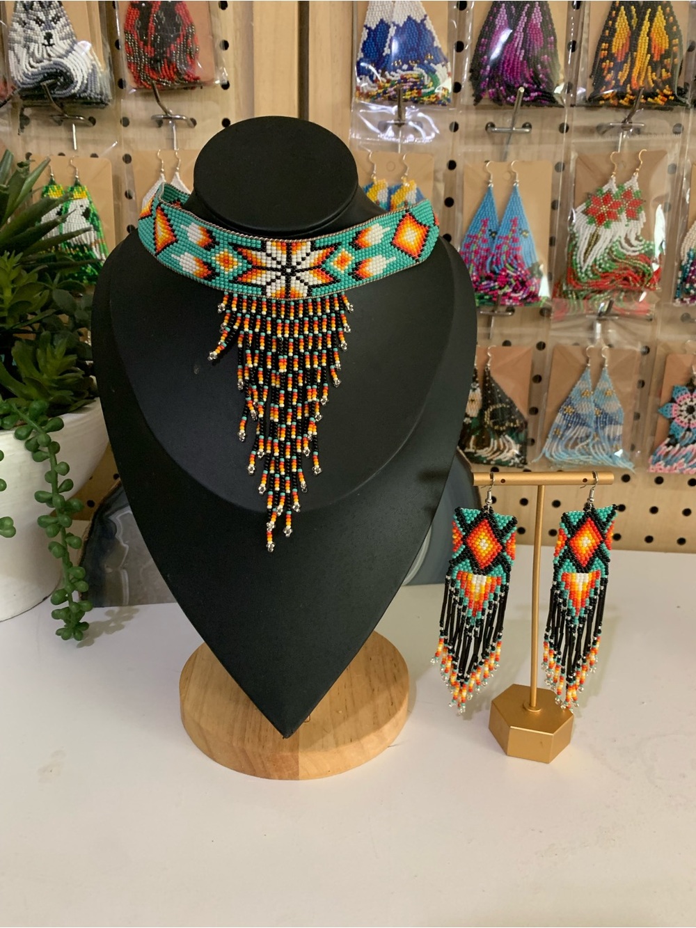Turquoise & Orange Beaded Fringe Choker Necklace with Matching Earrings